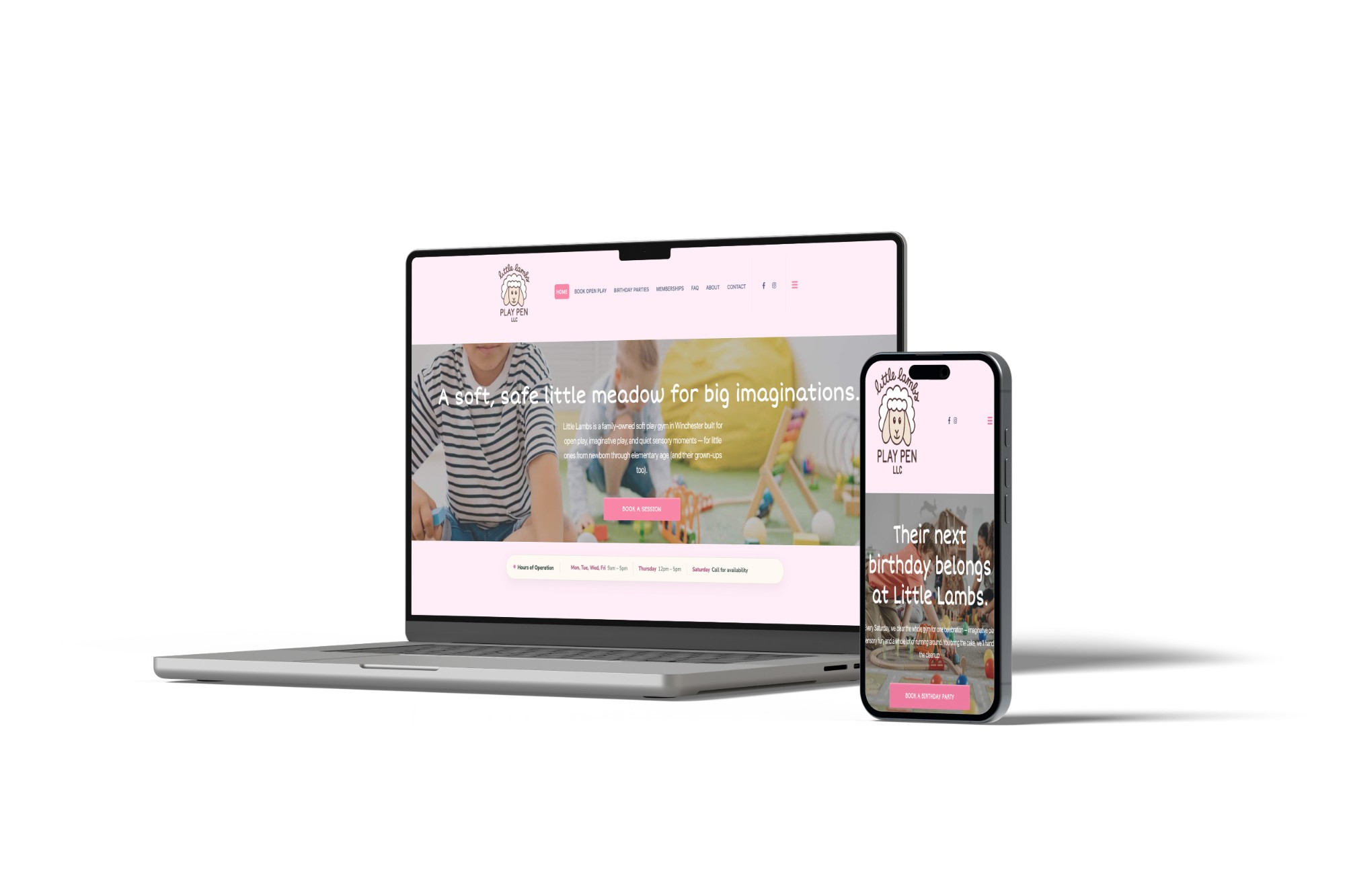 Little Lambs Play Pen website on a laptop and phone, with a pink homepage reading "A soft, safe little meadow for big imaginations" and a Book a Session button