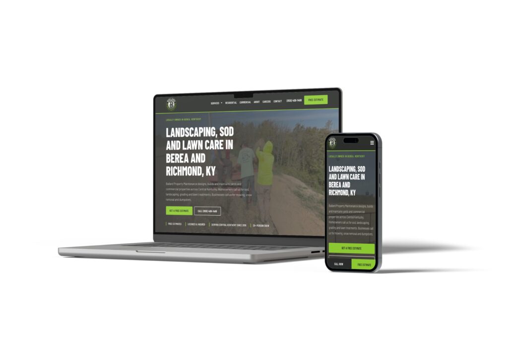 WordPress for Small Business: The Honest Pros, Cons, and Who Should Skip It 2 ballard property maintenance website WordPress for small business example: Ballard Property Maintenance website on a laptop and phone, with a headline for landscaping, sod, and lawn care in Berea and Richmond, KY and green Free Estimate buttons