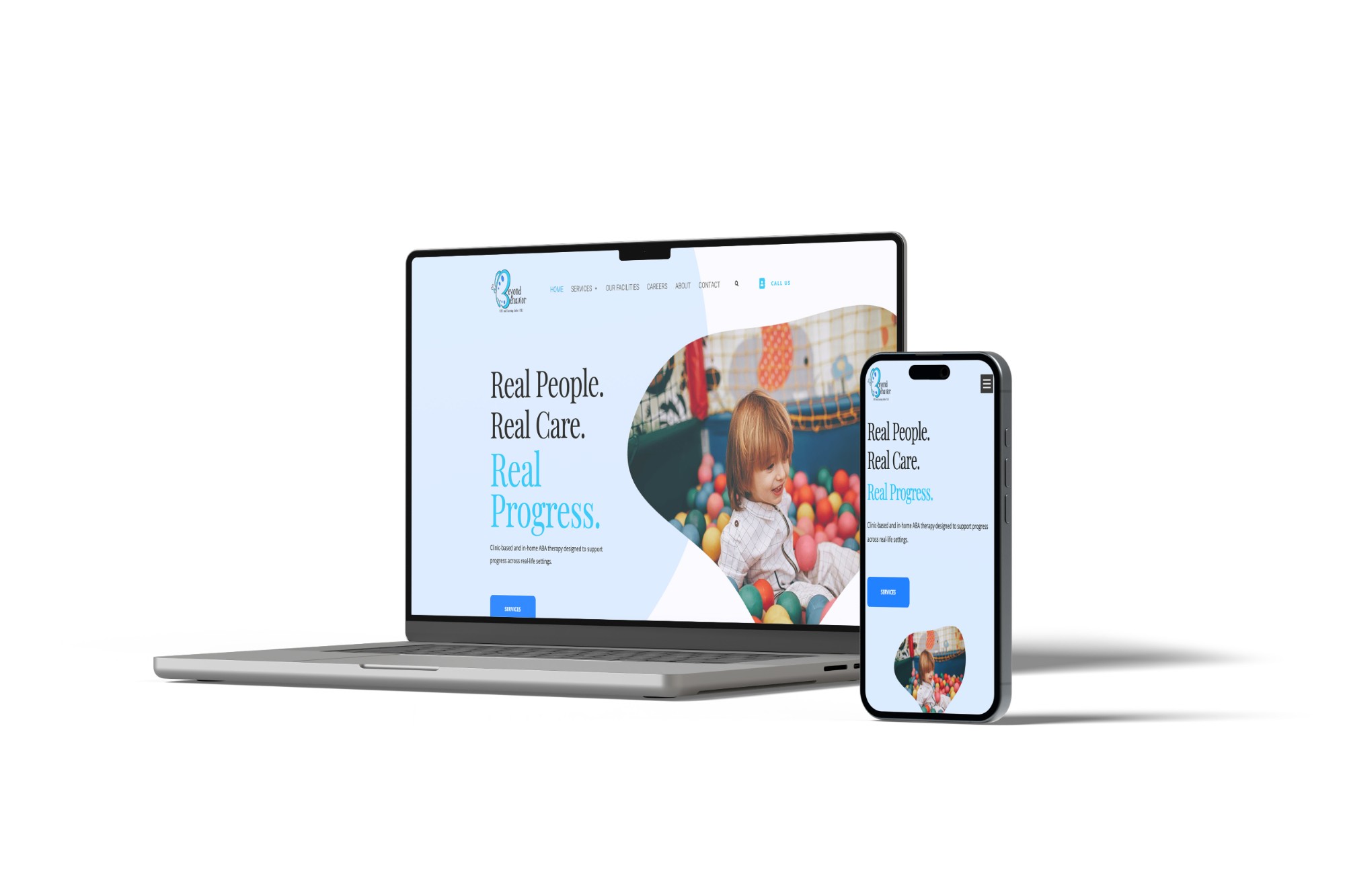 Beyond Behavior ABA website on a laptop and phone, with a light blue homepage reading "Real People. Real Care. Real Progress." beside a photo of a child in a ball pit
