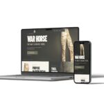 WordPress vs Shopify for a Small Business Online Store 4 equites textiles website Equites Textiles website on a laptop and phone, with a dark olive homepage reading "War Horse: the wait is nearly over" beside camouflage tactical pants
