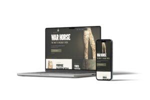 WordPress vs Shopify for a Small Business Online Store 7 equites textiles website Equites Textiles website on a laptop and phone, with a dark olive homepage reading "War Horse: the wait is nearly over" beside camouflage tactical pants
